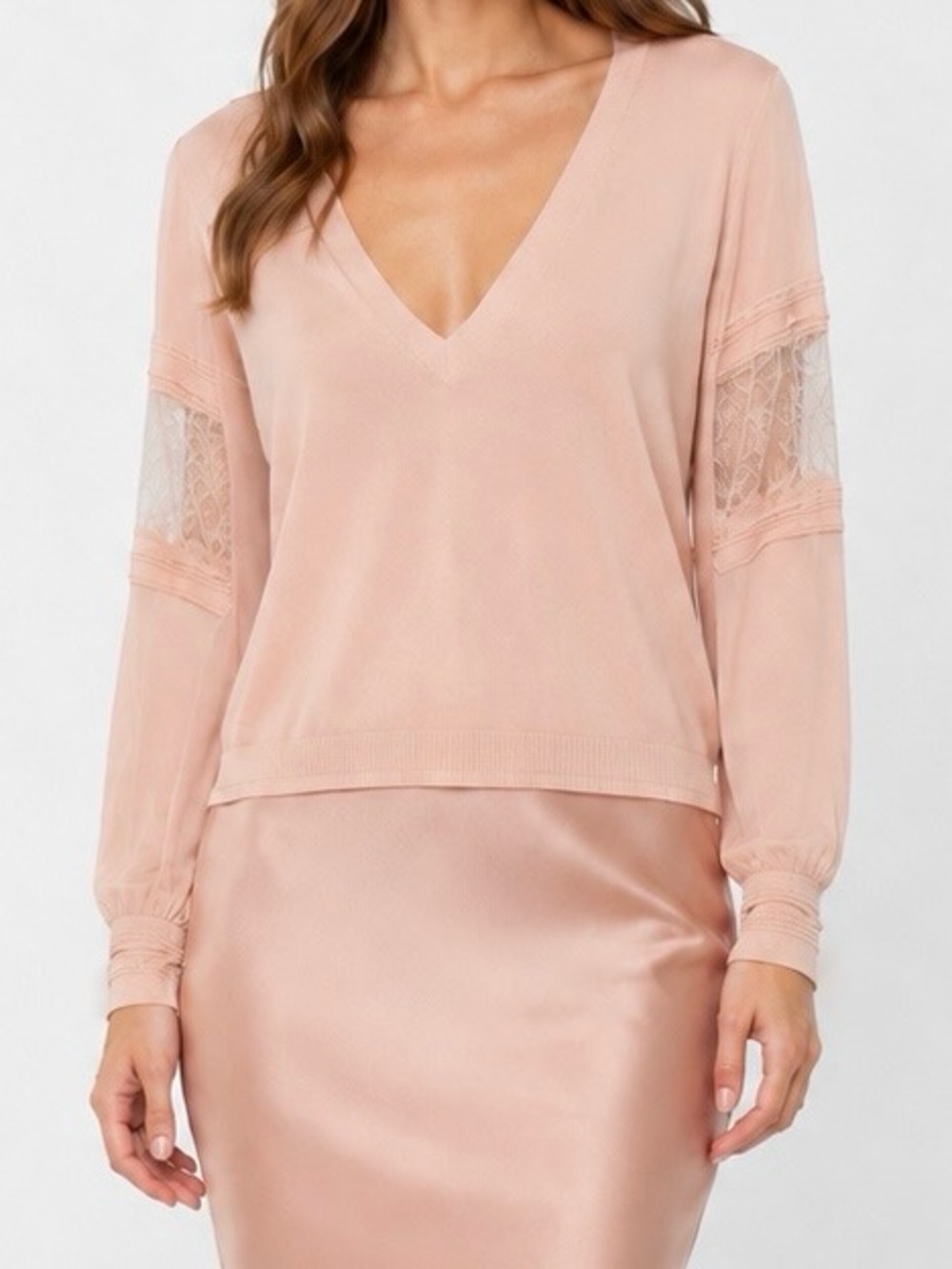 Roberto Cavalli Pink Knit V-Neck Lace Long Sleeve Pullover Top S